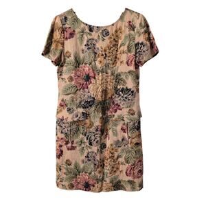 Vintage Tapestry Floral Print Dress Midi Women's 10 - 100% Linen Tablecloth Tan